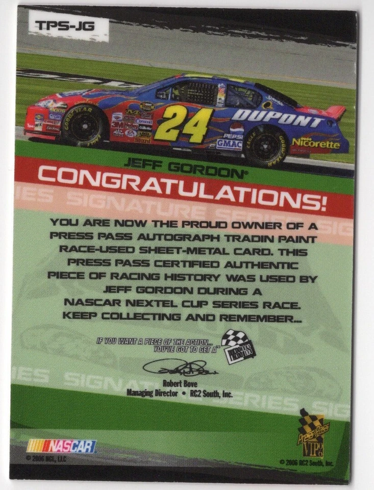 Jeff Gordon 2006 Press Pass VIP Tradin Paint Sheet Metal Autograph Card /24 - Image 2 of 2