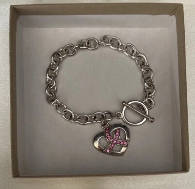 SILVER RHINESTONE BREAST CANCER  AWARENESS BRACELET WITH HEART 7 