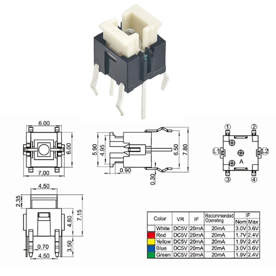 4 Pin/SMD LED Illuminated Switch Momentary Push Button Tactile SPST Micro PCB - Image 4 of 4