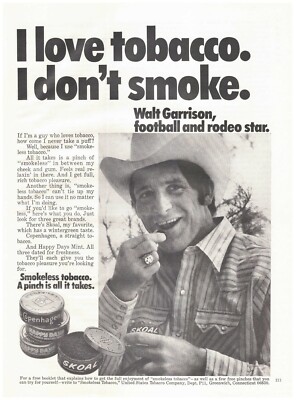 walt garrison chewing tobacco commercial Original 1974 Smokeless Vintage Print Ad- Garrison, Skoal, etc 1979 print ad - Skoal