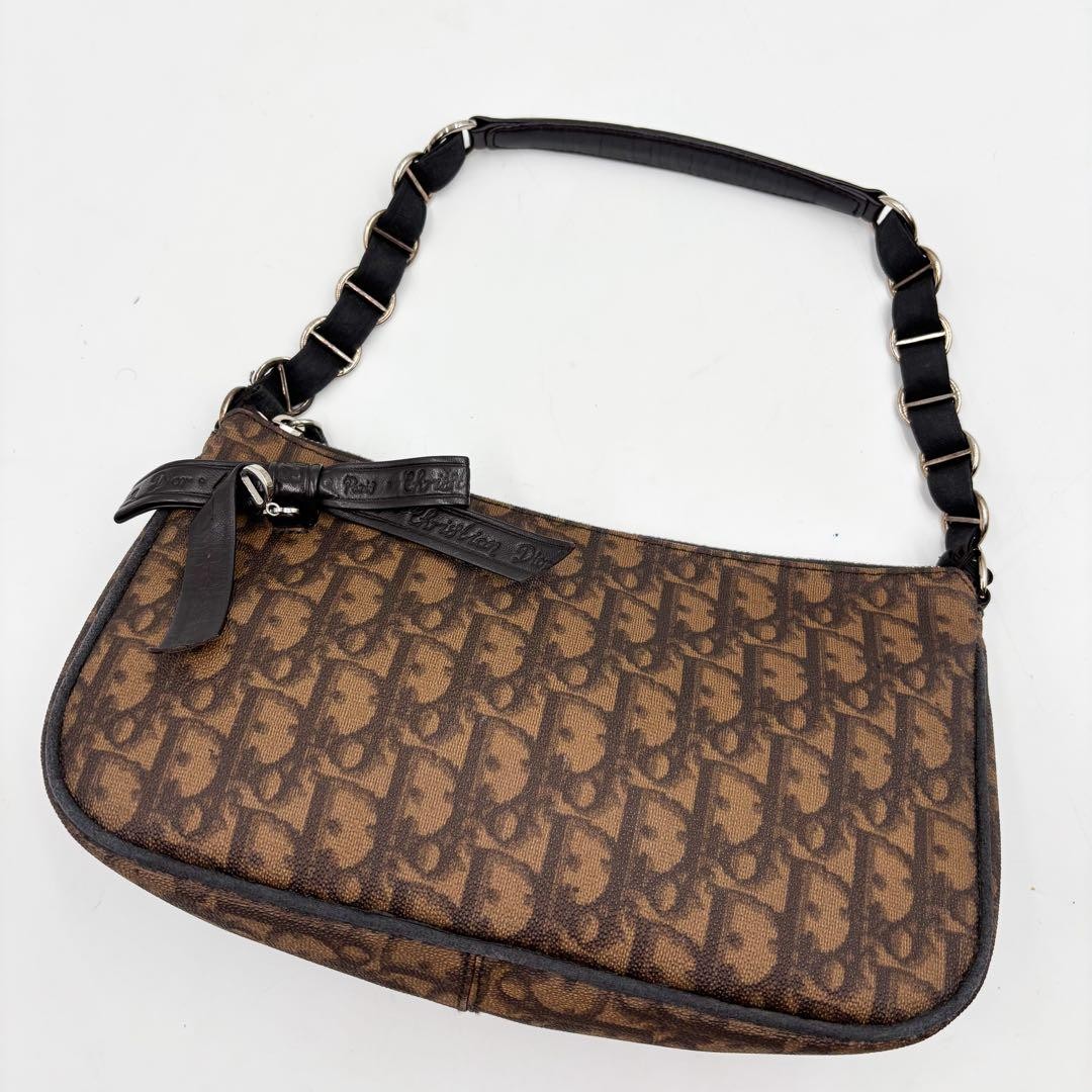 Vintage Christian Dior Trotter Romantic Shoulder Bag in Dark Brown Leather & PVC