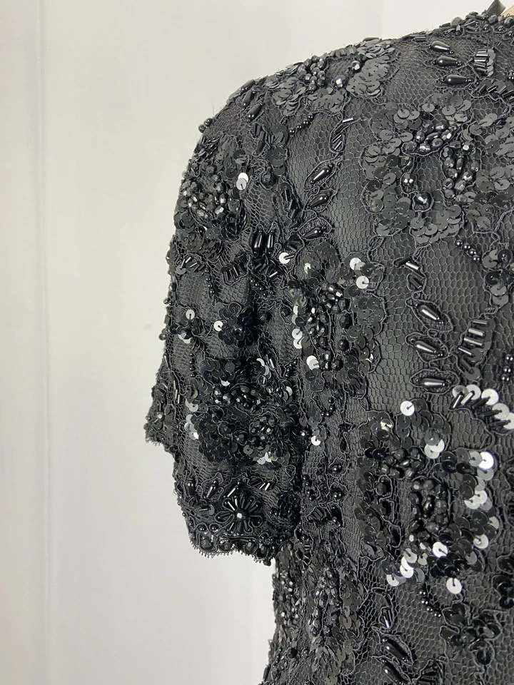 Vestido de noche BILL BLASS vintage negro con cuentas de cóctel manga corta talla 10 Foto 4 de 4