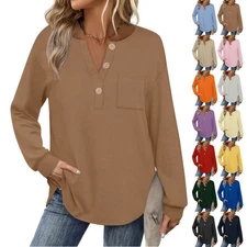 Long Sleeve Shirts for Women Button V Neck Casual Fall Blouses Tops with Pocket