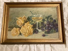 Antique Oil Painting Yellow Roses