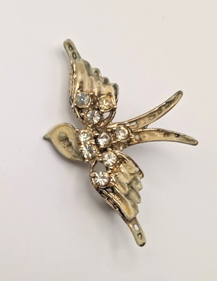 Vintage Romantic Token Flying Bird Swallow Yellow Enamel w/Rhinestones