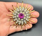Vintage Starburst Brooch Gold Tone / Silver Tone Rhinestones Purple Lucite 2.25” — photo 4