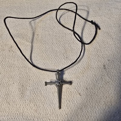 Forged Nail Cross Pendant Necklace Black Cord Pewter Tone Rustic Christian Faith