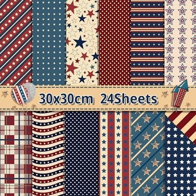 24 Sheets Rustic Patriotic Scrapbook Paper Pads, 12 Designs 4th of July Craft