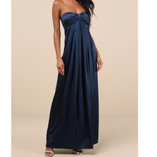 Lulus NWT Memorable Entrance Dark Blue Strapless Satin Pleated Maxi Gown Dress