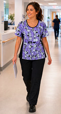 Disney Women s Minnie Mouse Print Scrub Top Size L Purple Black MPN 6764C