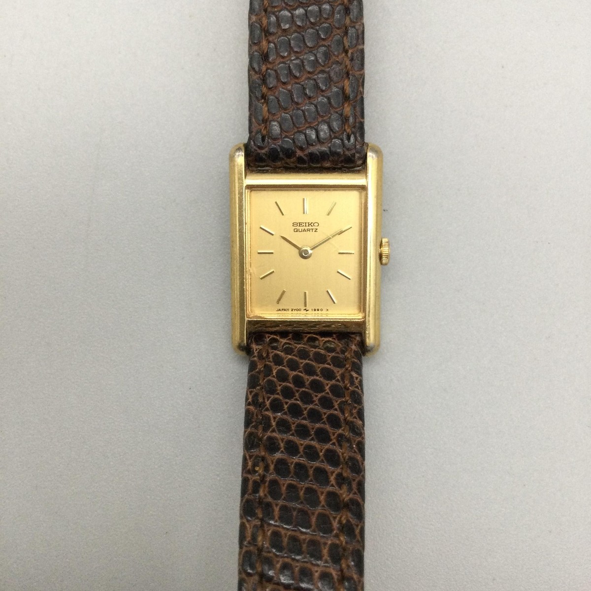 Vintage Seiko Tank Watch Women 18mm Gold Tone 2Y00-5479 Leather