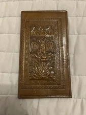 Vintage Hand Tooled Leather Embossed Design Bi/Fold Long Wallet Eagle & Mountain