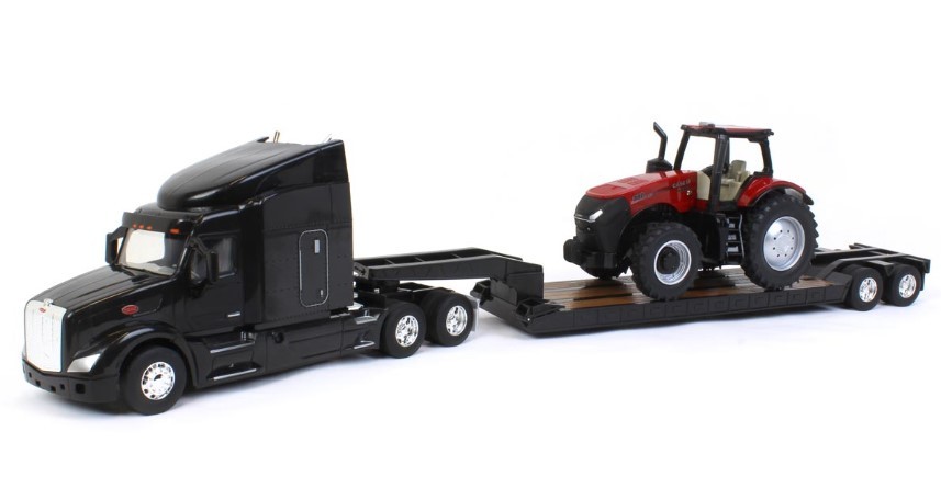 Camion Peterbilt 579 ERTL avec remorque basse et tracteur Case IH 1/32