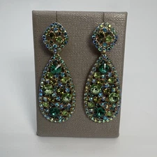 Multi Green Crystal Rhinestones Dangle Teardrop Statement Earrings, Brand New
