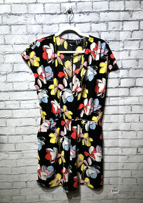 Halogen, Women M, Black Colorful Floral Mini Sleeve V-Neck  Pull-On Romper