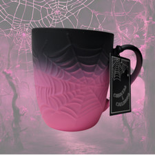 Large Halloween Coffee Mug Spiderwebs Pink And Black Soft Touch 16oz New