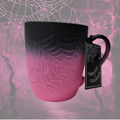 Large Halloween Coffee Mug Spiderwebs Pink And Black Soft Touch 16oz New