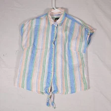 Talbots Linen Button Front Shirt Womens Medium Short Sleeve Tie Hem Striped