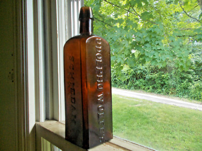 PRETTY COPPER PUCE UDOLPHO WOLFE'S AROMATIC SCHNAPPS BOTTLE 1870 PRIVY DUG