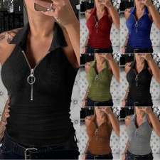Womens Zipper V-Neck Tank Tops Summer Vest Ladies Slim Stretch T-Shirt Blouse US