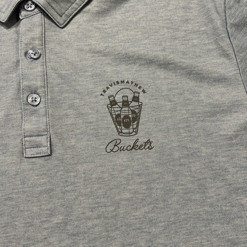 Travis Mathew Golf Playmaker Beer Buckets Logo Blue Polo Shirt Size XL