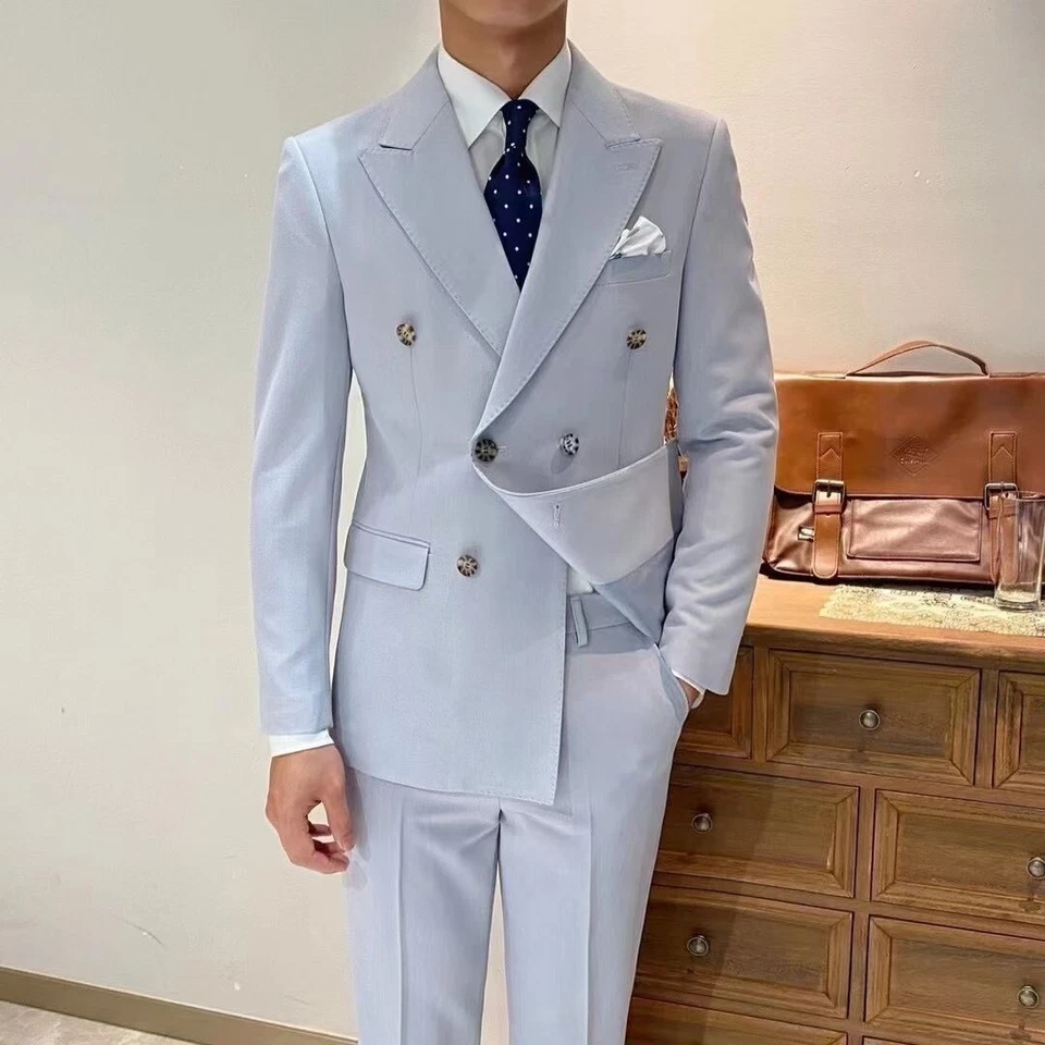 Traje de hombre de doble pecho formal de negocios calce ajustado boda novio esmoquin a medida Foto 3 de 4