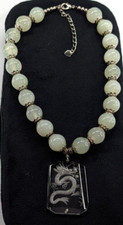 Etched Chinese Dragon Glass Pendant Light Green Stone Beaded Statement Necklace