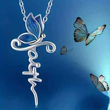 Blue Butterfly Cross Faith Silver Pendant Necklace Religious Gift