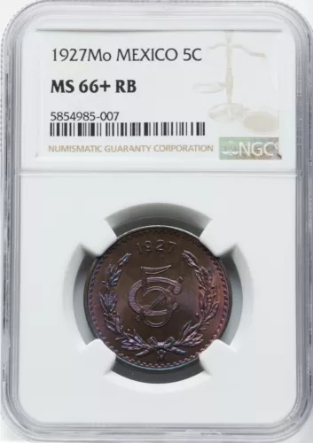MEXICO ESTADOS UNIDOS  1927  5 CENTAVOS COIN NGC CERTIFIED UNCIRCULATED MS66+RB