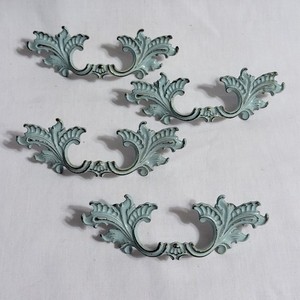 4 vintage French Provincial Brass Drawer Pulls Handles Painted blue Distressed