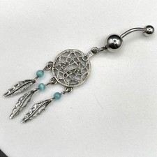 Vintage Silver-Tone Dreamcatcher Belly Button Ring w/ Feathers Boho Navel
