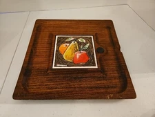 VINTAGE FRED PRESS WOOD & TILE CHEESEBOARD SERIGRAPH FRUITS ORANGE, APPLE, PEAR