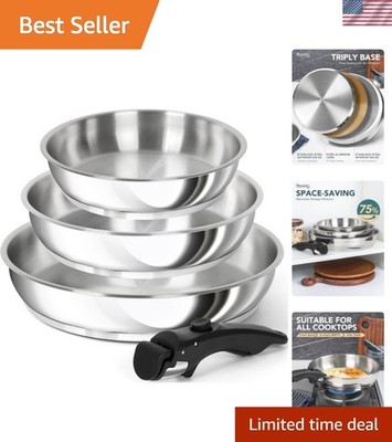 Induction-Compatible Stainless Steel Pans - 8, 9.5, 11 Inches, Removable Handle