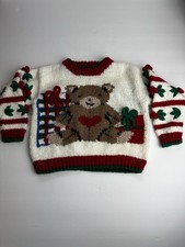 Vintage Hand Knit Christmas Sweater Unisex Kid's Size Small Holiday Bear Winter