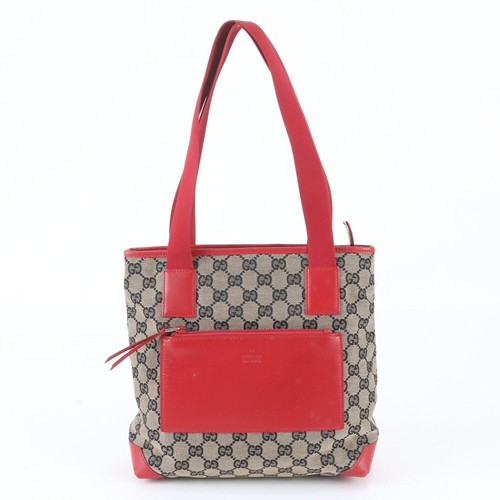 Gucci GG Canvas Leather Tote Bag Red Shoulder Handbag Women Auth