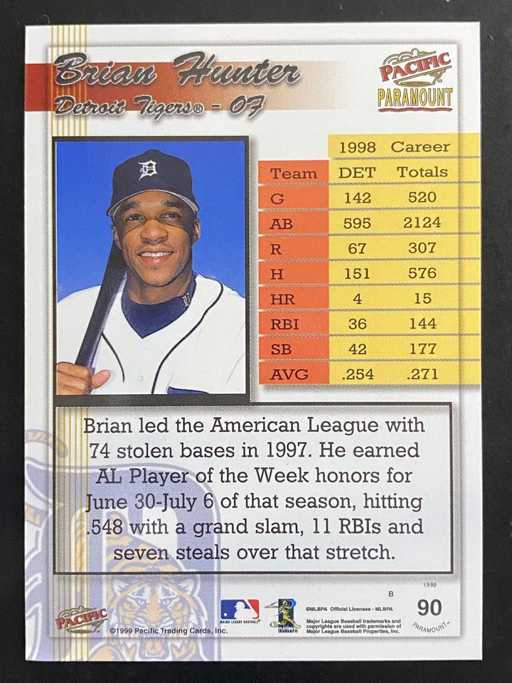 Brian Hunter 1999 Pacific Paramount Baseball Holo-Gold /199 Detroit Tigers #90 - Image 2 of 2