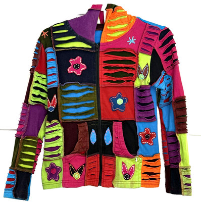 Himalayan Group Razorcut Patchwork Hoodie Boho Nepal Full Zip Handmade Women's S