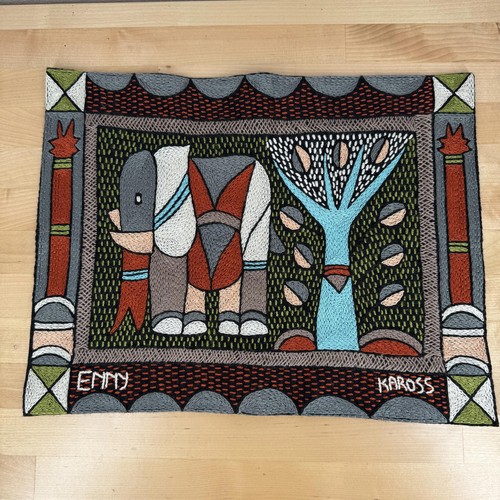 Handcrafted Embroidered Textile Art Piece with Elephant and Tree Motif