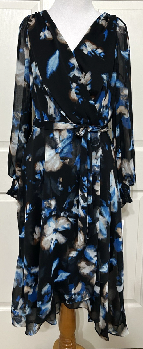 NWT DKNY size 4 black blue floral long sleeve fit & flare dress $134