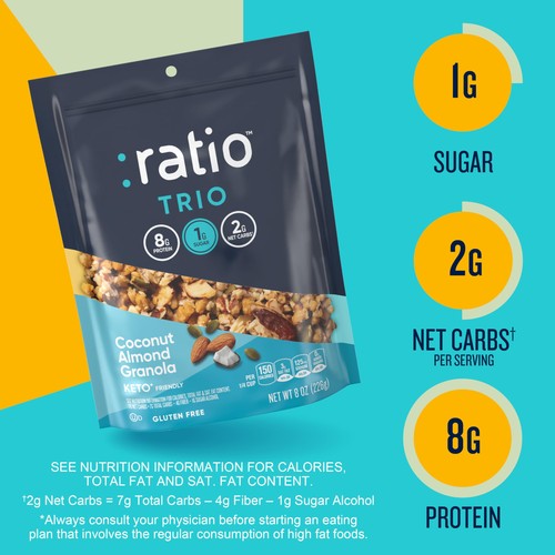 Ratio Trio Coconut Almond Granola Cereal 1g Sugar Keto Friendly 8 oz Resealab... - 第 2/8 張圖片