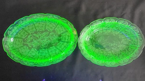 2 serving dishes, Vintage Uranium Green Depression Glass, Cherry Blossom pattern