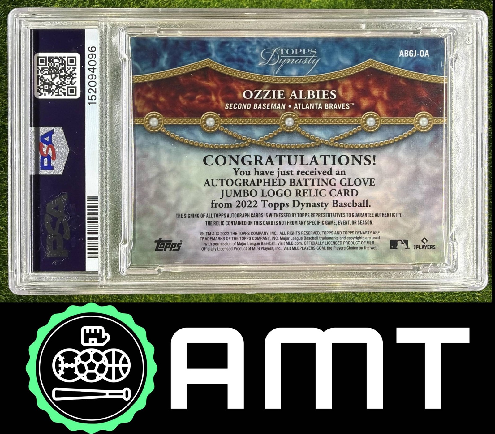 Ozzie Albies Patch Auto PSA Auth 2022 Topps Dynasty Batting Glove Jumbo Logo 1/1 view 2
