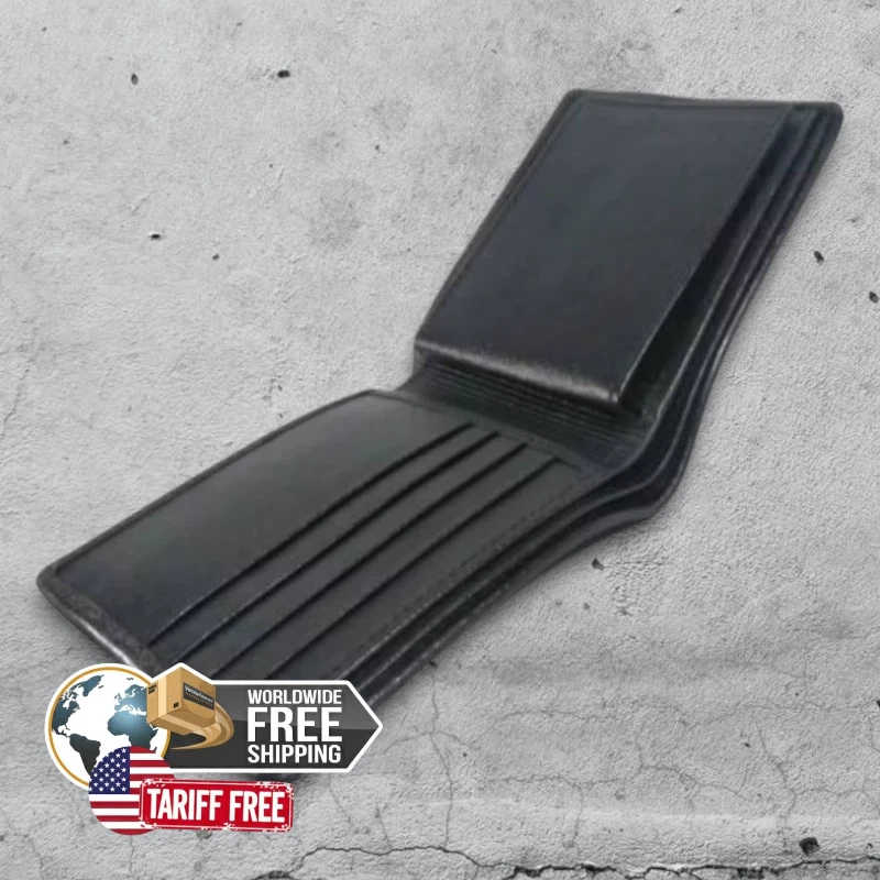 Cartera de hombre negra de cuero genuino de raya doble pliegue con patrón de ojos de pera Foto 3 de 4