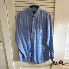 Chaps Regular Fit Blue/White Striped Twill Dress Shirt L/G Easy Care Cotton