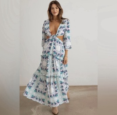 Floral Ruffle Criss-Cross Waist O-Ring cut out Maxi Dress NWT Multiple Sizes