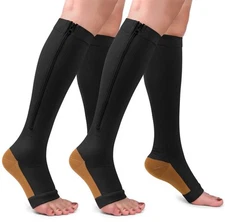 2 Pairs Copper Zipper Compression Socks 15-20mmgh-Calf Knee High Open Toe Sup...
