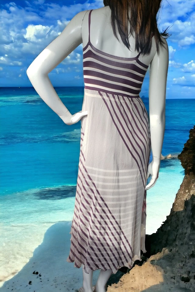 JEAN PAUL GAULTIER marinière Vintage Robe Longue Silk Stripe Dress S M - Photo 3/4