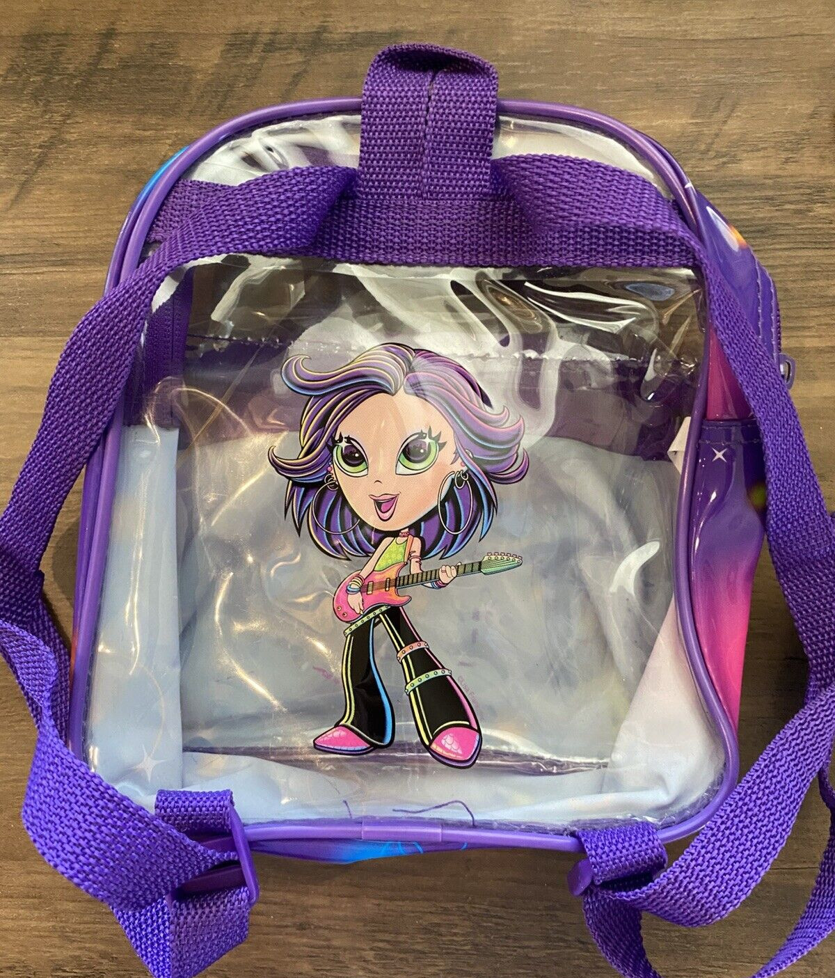 Y2K LISA FRANK Clear Mini Backpack ROCKSTAR Girl GUITAR Glitter Greed PURSE image 3