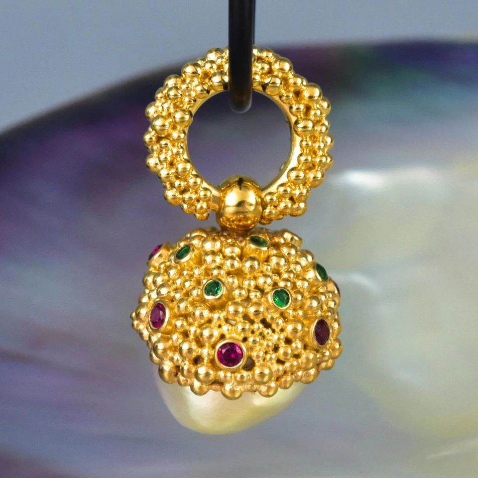 Gigantische South Sea Pearl Pendant,Gold Vermeil Sterling,Rosa & Smaragd 10.92g - Bild 3 von 4