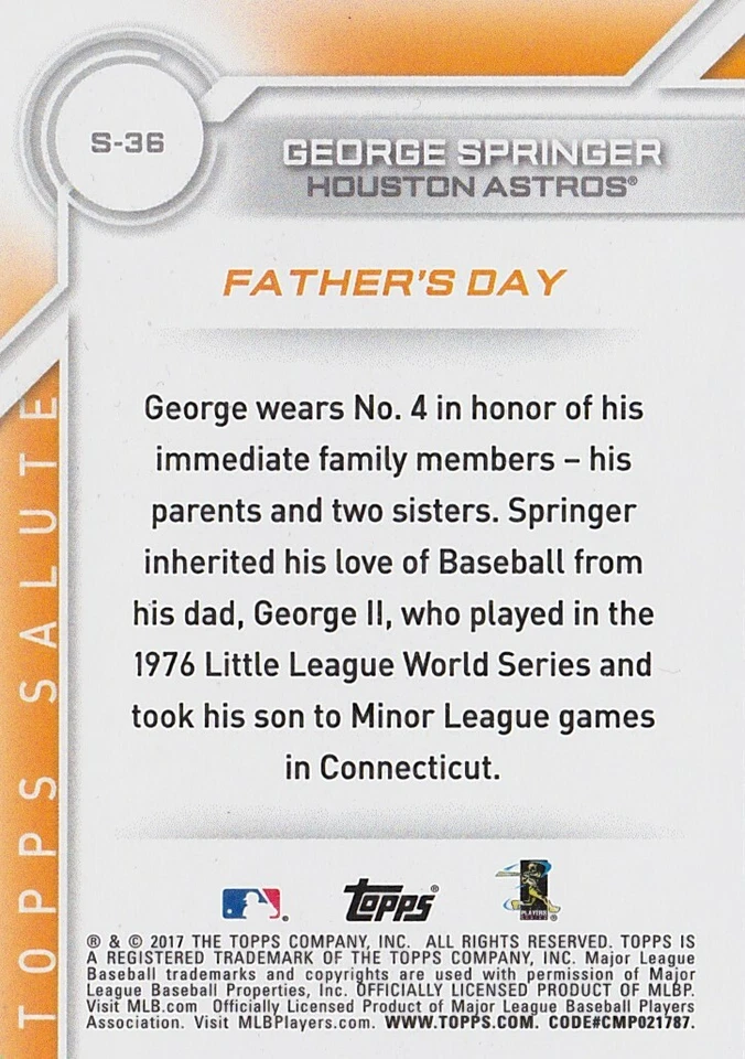 2017 Topps Series 2 - Salute - George Springer - Houston Astros - S-36 - MNT - Image 2 of 2